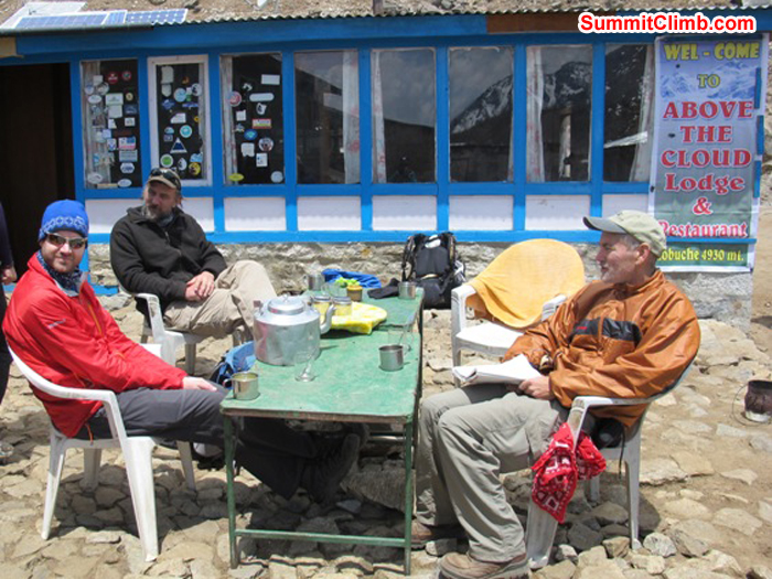 Chris, Adam, and Don enjoy a delicious lunch break at Above the Clouds hotel in Lobuche. Monika Witkowska Photo. Chris, Adam, and Don enjoy a delicious lunch break at Above the Clouds hotel in Lobuche. Monika Witkowska Photo.
