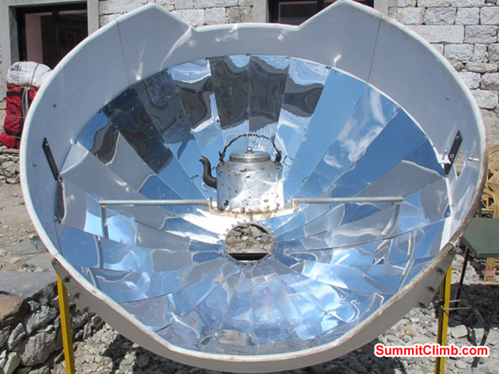 Solar oven heats a kettle of water at the Himalayan Lodge in Gorak Shep. Monika Witkowska Photo. Solar oven heats a kettle of water at the Himalayan Lodge in Gorak Shep. Monika Witkowska Photo.