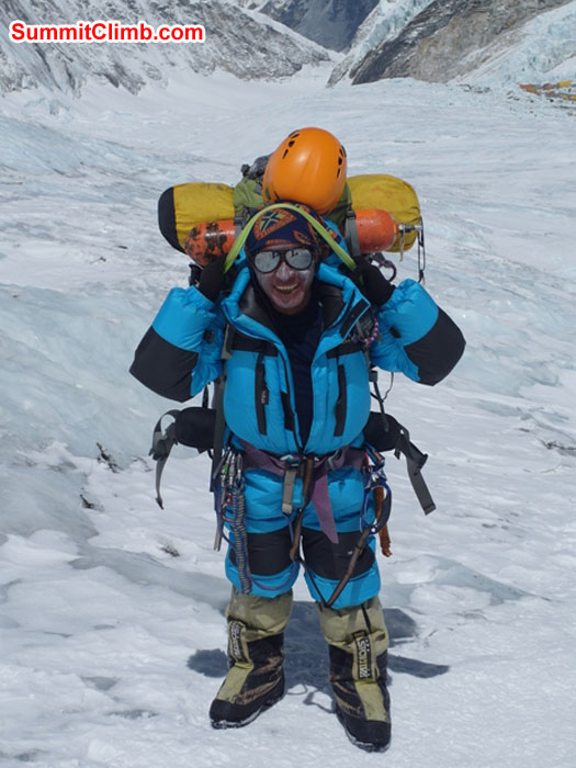 Jangbu Sherpa with a full load of tents and oxygen tanks. Monika Witkowska Photo