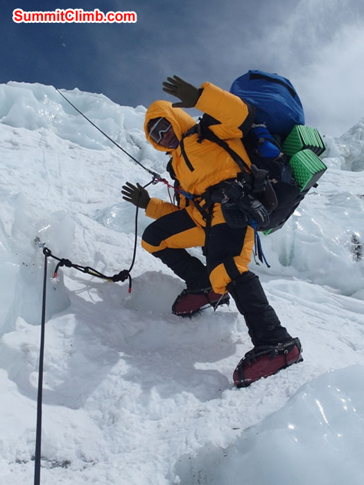 Sange Sherpa in the Khumbu Icefall. he is clipped to the rope. Monika Witkowska Photo