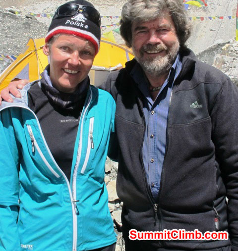 Monika Witkowska and Rheinhold Messner in basecamp. Rheinhold Messner is probably the greatest living 8000 metre -26,000 foot climber of all time. This photo was taken on 9 May, 2013, by an Austrian camerman just before Mr. Messner was asked to leave basecamp by the authorities, because he had no permit. Monika Witkowska and Rheinhold Messner in basecamp. Rheinhold Messner is probably the greatest living 8000 metre -26,000 foot climber of all time. This photo was taken on 9 May, 2013, by an Austrian camerman just before Mr. Messner was asked to leave basecamp by the authorities, because he had no permit.