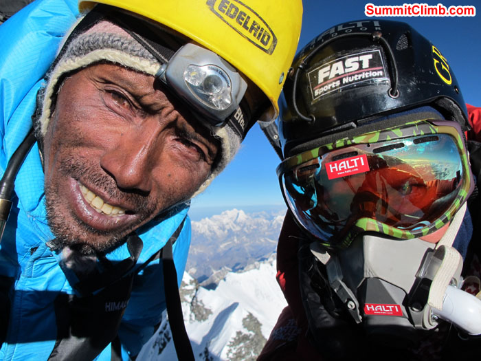 Anne-Mari Hyrylainen & Lakpa Kongle Sherpa summit of Lhotse. Finland. Photo Anne