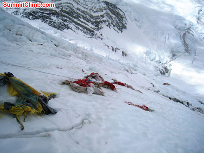 Wrecked tents on the Lhotse face. Scott Smith photo. Wrecked tents on the Lhotse face. Scott Smith photo.