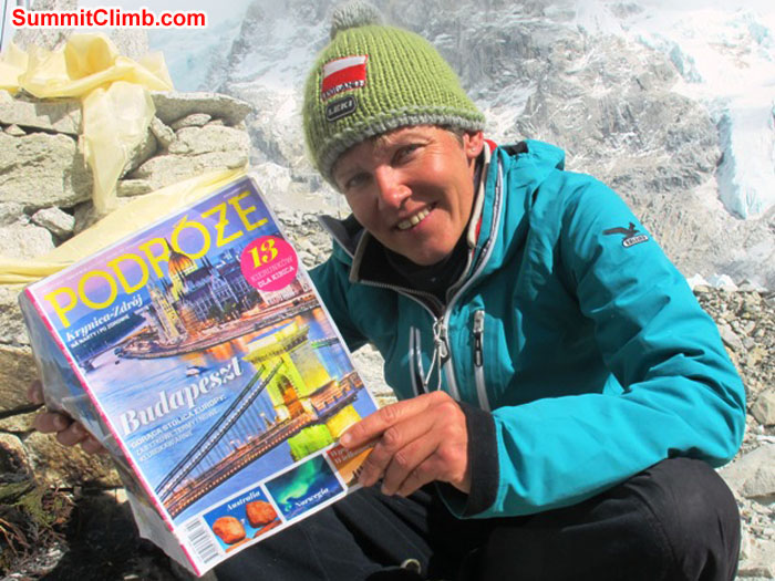 Monika Witkowska poses in basecamp with the magazine she writes and photographs for. Kieran Lally Photo.JPG Monika Witkowska poses in basecamp with the magazine she writes and photographs for. Kieran Lally Photo.JPG
