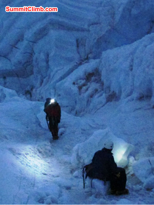 Night climbing in the Khumbu Icefall, on the final trip to the summit. Monika Witkowska Photo. Night climbing in the Khumbu Icefall, on the final trip to the summit. Monika Witkowska Photo.