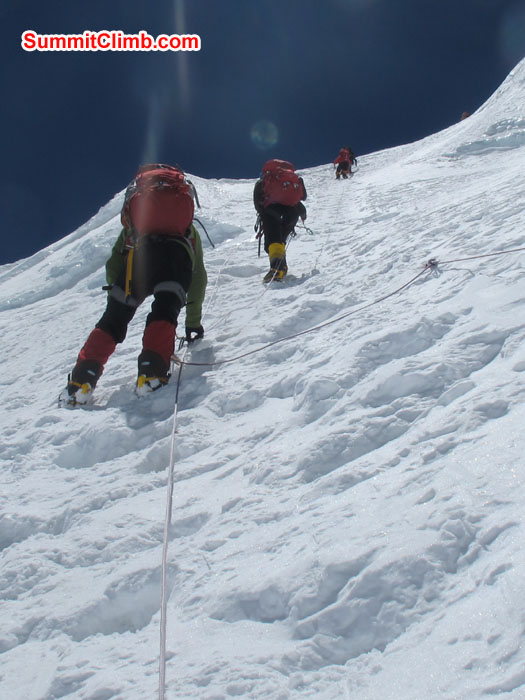 Member using fixed rope while climbing up NorthCol. Photo Chris Bailley Member using fixed rope while climbing up NorthCol. Photo Chris Bailley