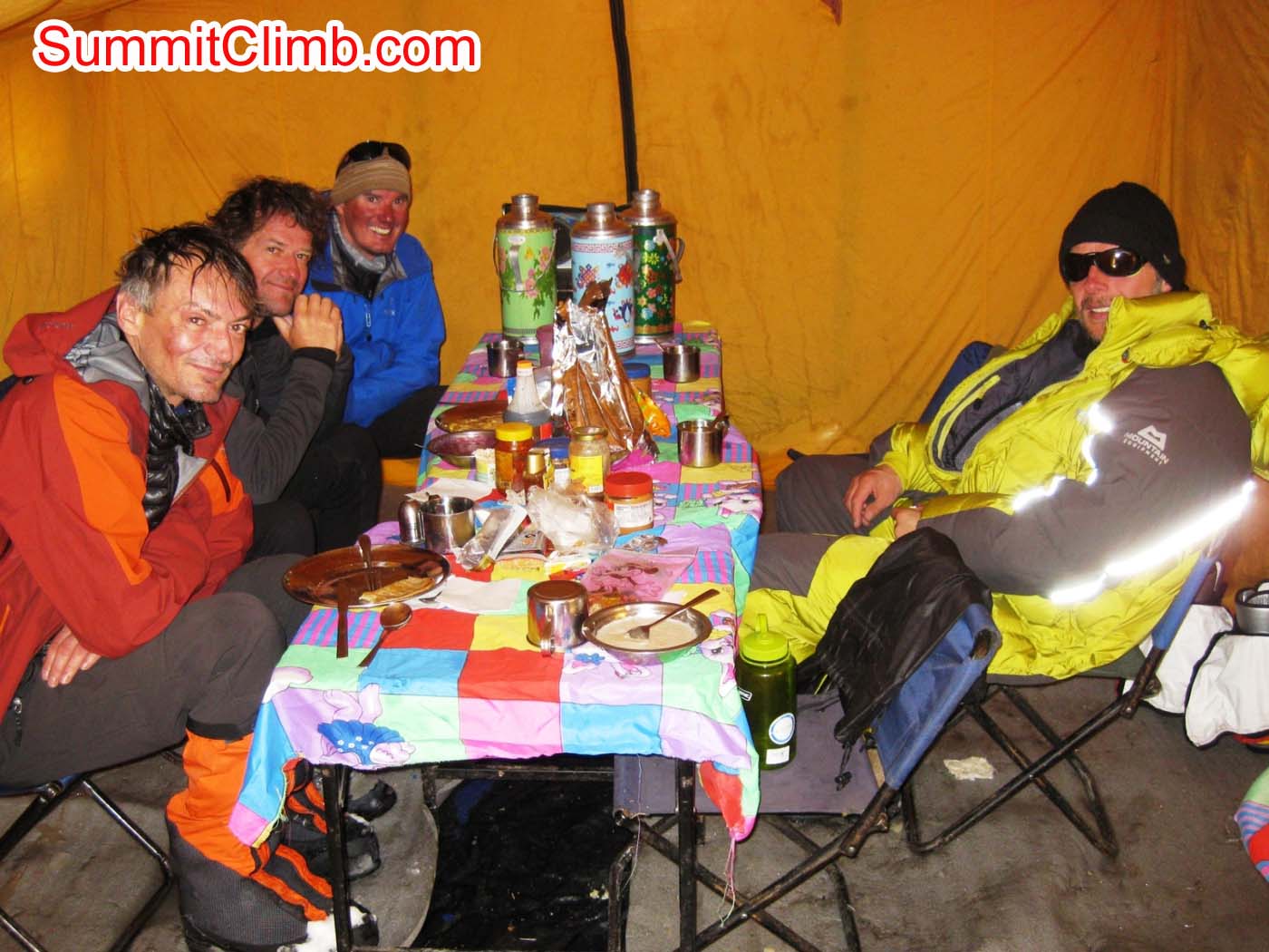 Members at ABC dining tent reliving the summit bid - Photo Mia Graeffe