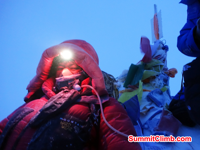 Ang Dorjee Sherpa at the summit of Everest from Northside. Photo Hubert Klaus