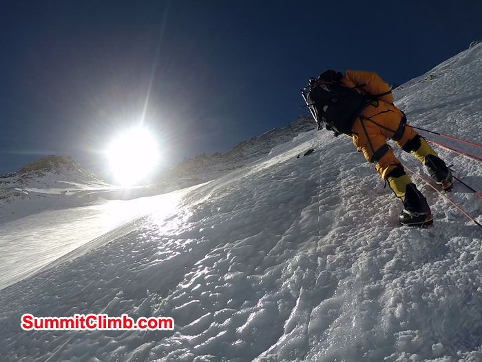 Climbing up to Camp 3 in fix rope