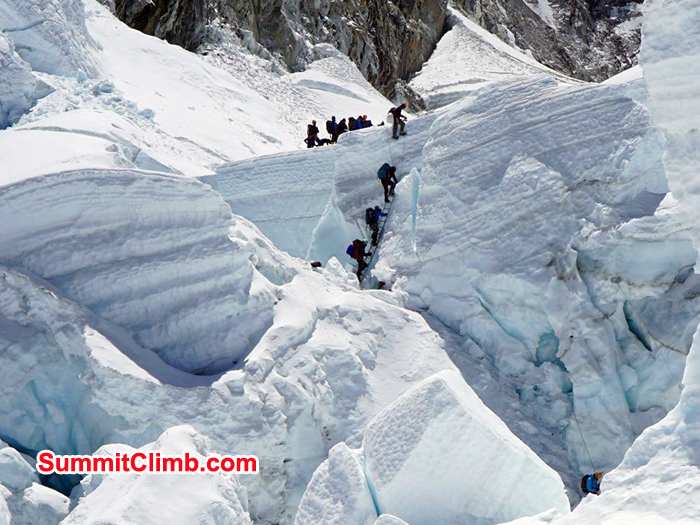 During icefall climbing up and down another view
