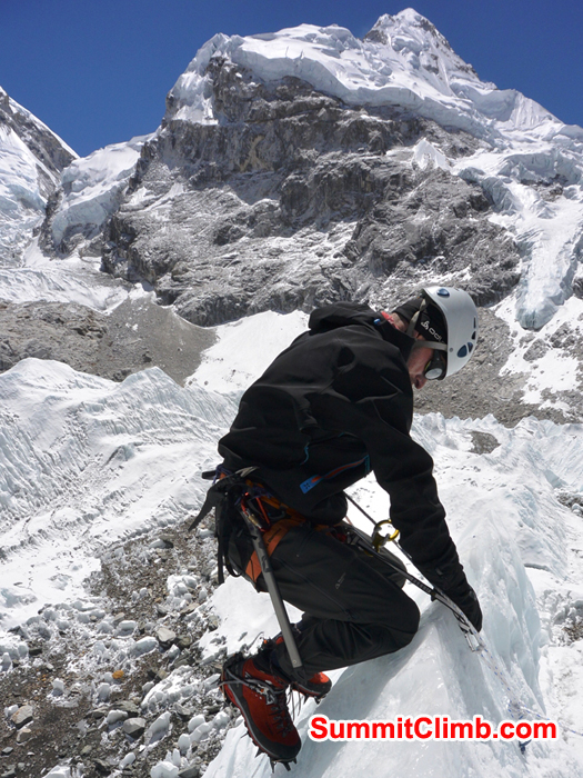 Team practices fixed rope climbing near basecamp on a sunny day. Mike Fairman photo. 