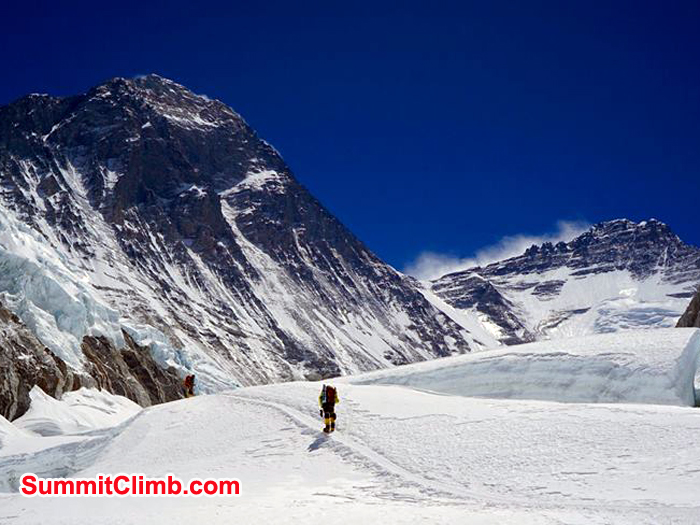 Hiking to Camp 2. Everest peak in the background.