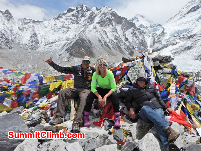 Mike, Paula, and Dan at the trekkers rock in basecamp. Photo by unknown trekker