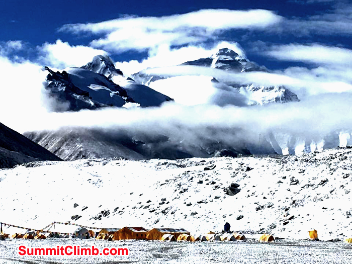 Mount Everest cover with cloud seen from basecamp
