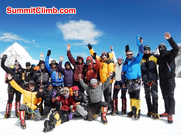 SummitClimb Team Photo in Everest camp 1. Mount Pumori in background. Mike Fairman Photo