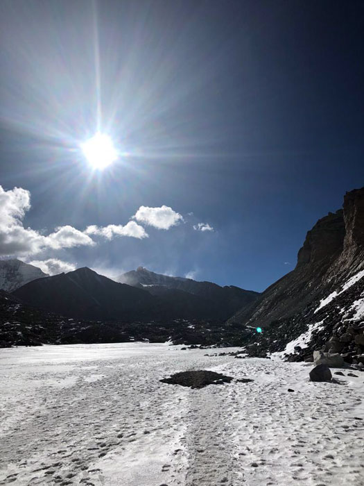 Tracks crossing a frozen lake