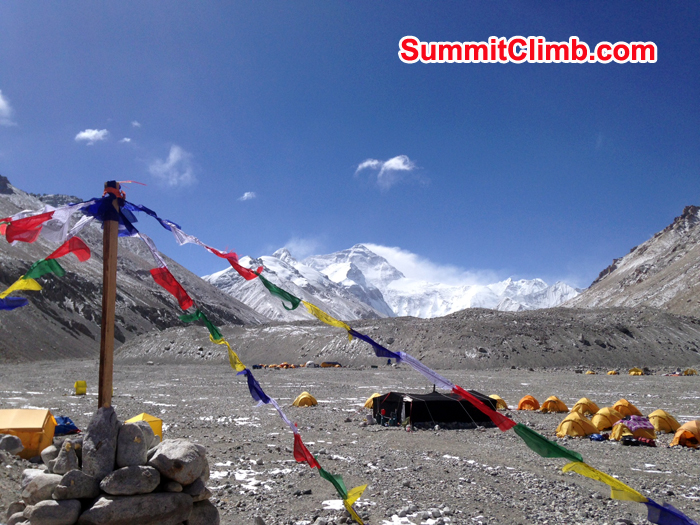 our Puja cairn with our camp and Everest in the distance