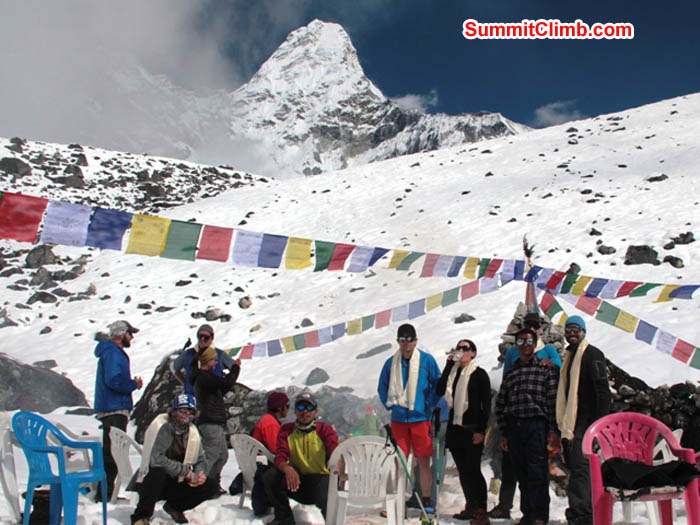 Team milling about in the aftermath of the prayer ceremony in basecamp. Sarabjit Bhooee Photo.