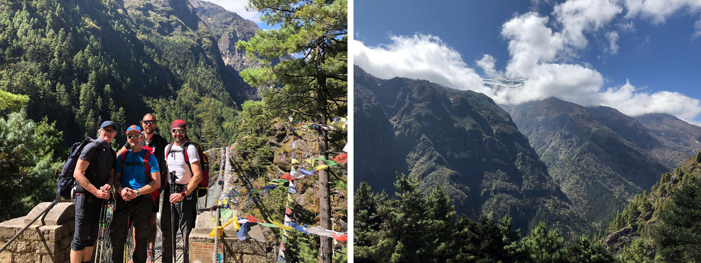 Ama Dablam members near one of the many suspension bridge . Hill seen from pakhding