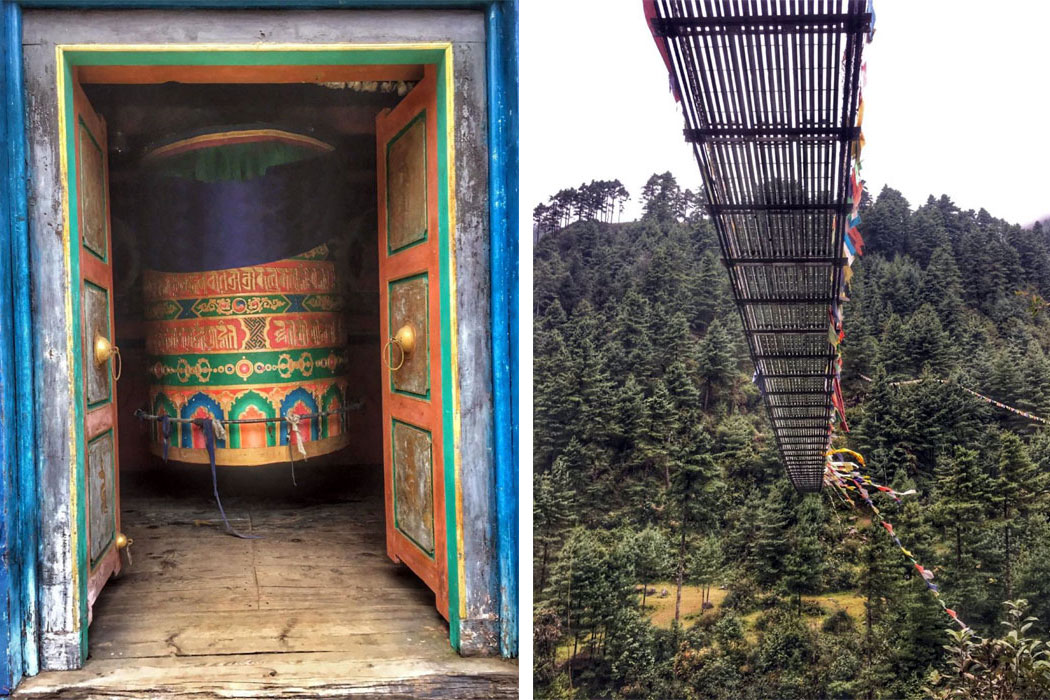 praying wheel. one of the suspension bridge near phakding.