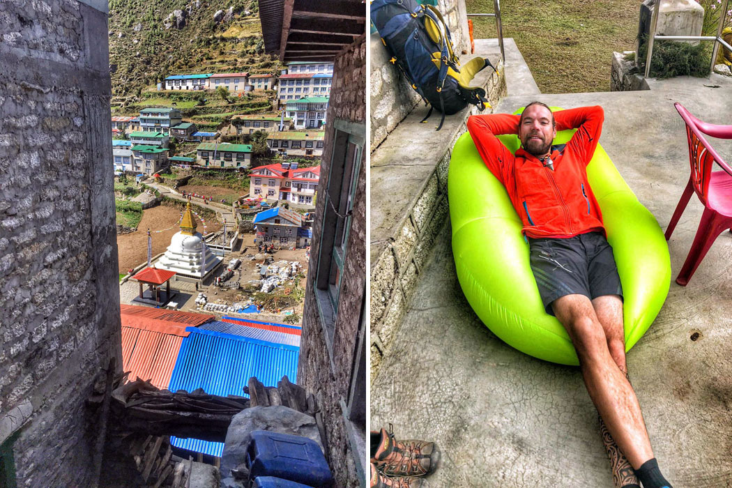 Namche Bazaar and wonderful stupas. Martin Relaxing at Namche Bazaar.