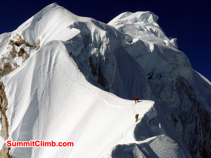 A view of the Baruntse summit ridge heading up towards the summit cone at 6950 metres23,000 feet