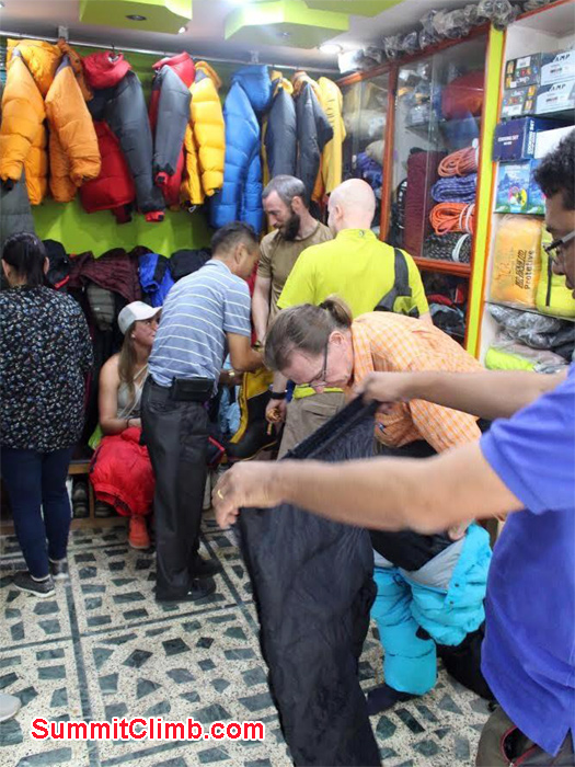 team roster of Baruntse are busy hiring and buying climbing equipment at Kathmandu trekking Shop