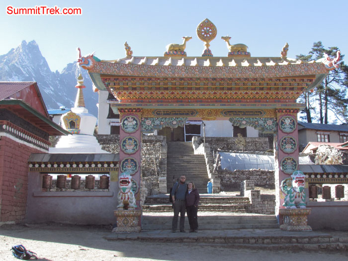 Tangboche Monastary gate, Aless and Luke posing for photo. Photo Aless
