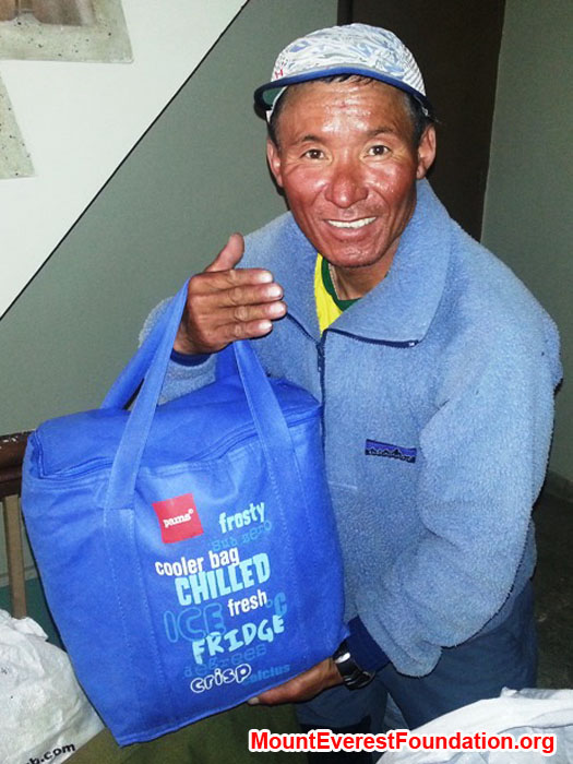 Jangbu Sherpa, Mount Everest Foundation, packing medicines for the service trek kindly donated by Laurel and Paul Brophy and David Quinney of Mater Hospital, Rockhampton, Australia. Photo by Deha Shrestha.