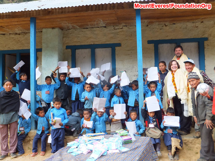 Dhorkharka School Students received books and pens from Anne Kates and Wolfgang Nicola. Photo by Dan Mazur